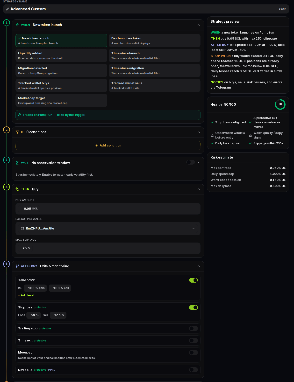 SpeedyTurtle Strategy Hub builder — WHEN, IF, THEN workflow with exits and risk controls